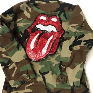 Army jacket with Rolling Stones bedazzled lips